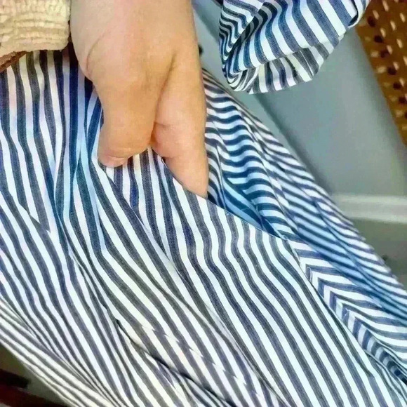 Michael Kors Blue Pin Stripe Belted Midi Button Down Dress - Picture 4 of 12